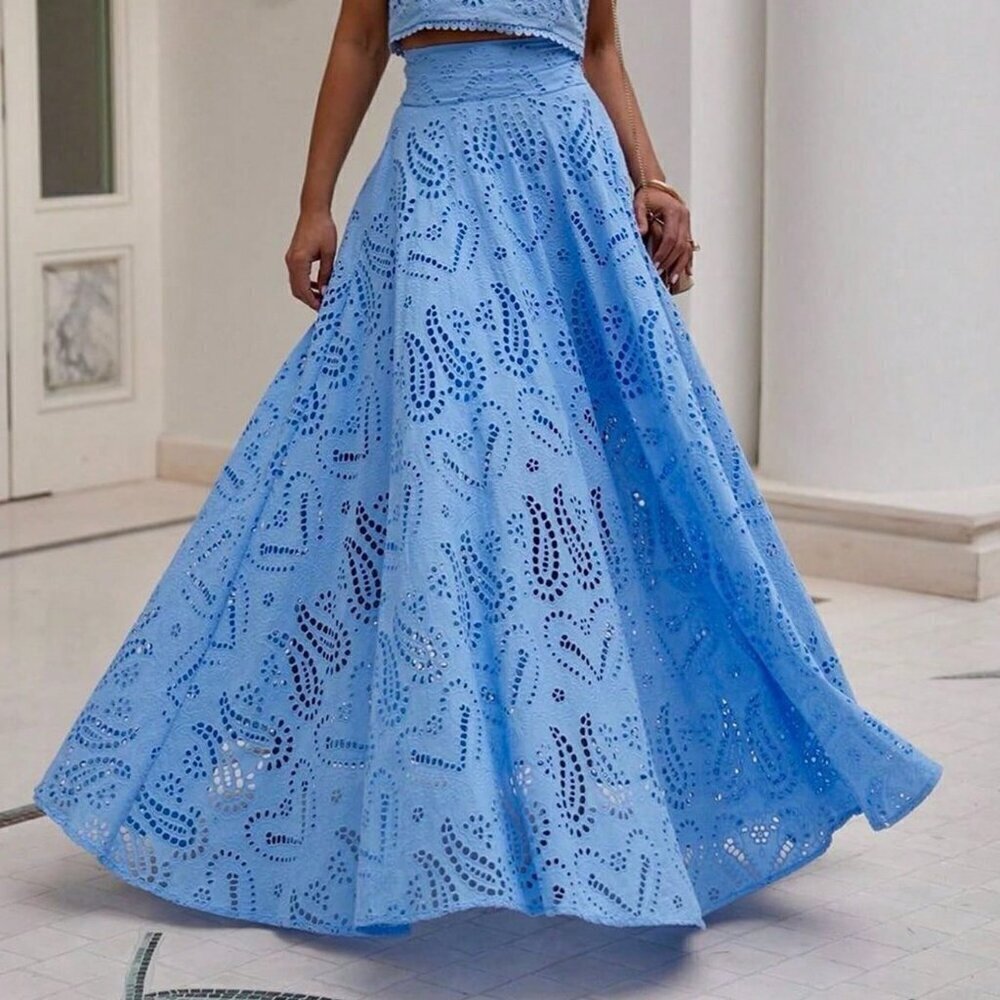 Blue Elegant Women's Floral Hollow Out Full Embroidery A-Line Maxi Skirt